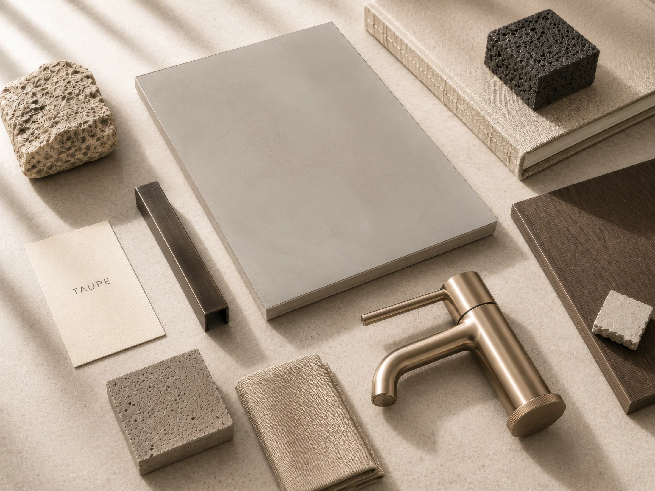 Brera Taupe material board with stone, fabric, wood and metal.