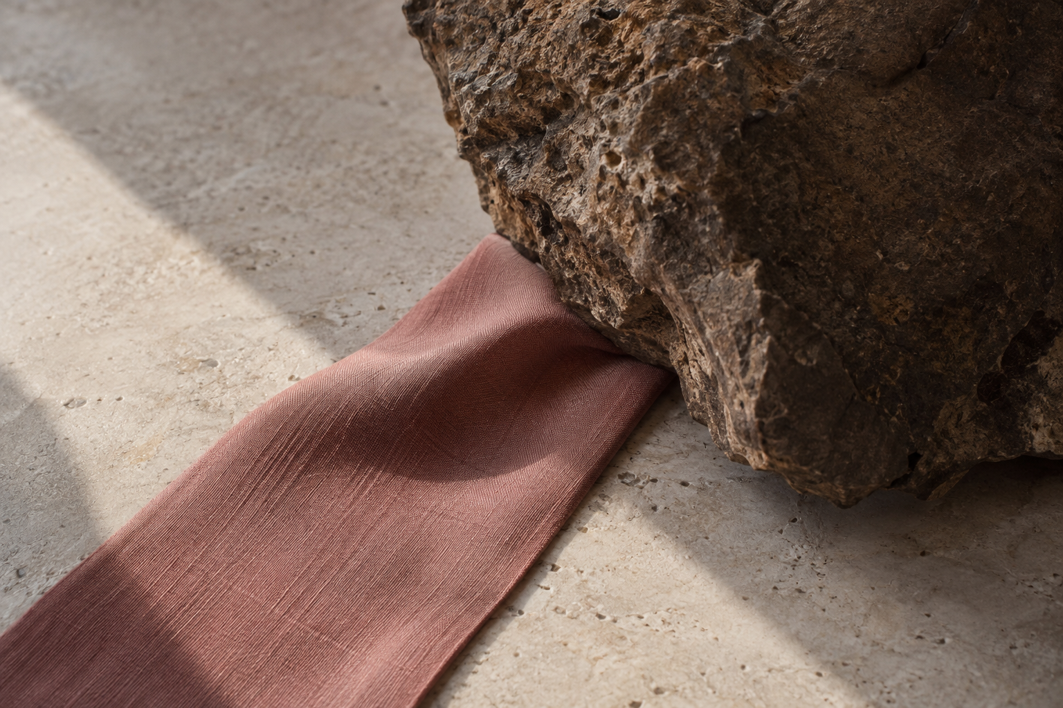 A strip of pink fabric is held beneath an irregular fragment of dark rock.