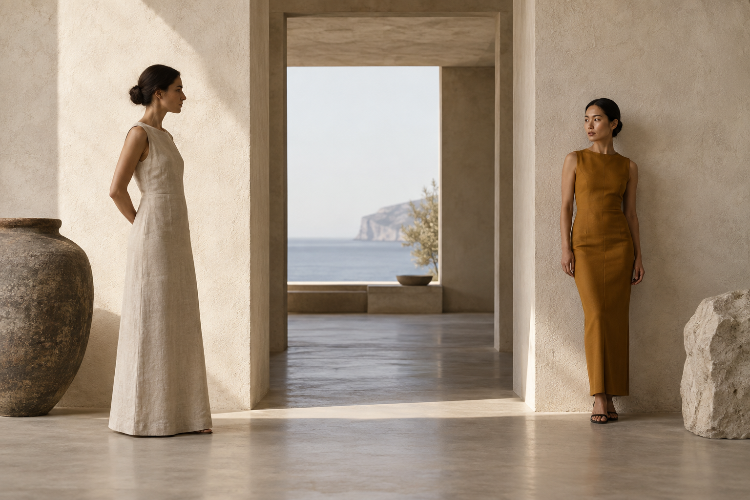 Two women in sand and ochre dresses flank an opening with the sea beyond.