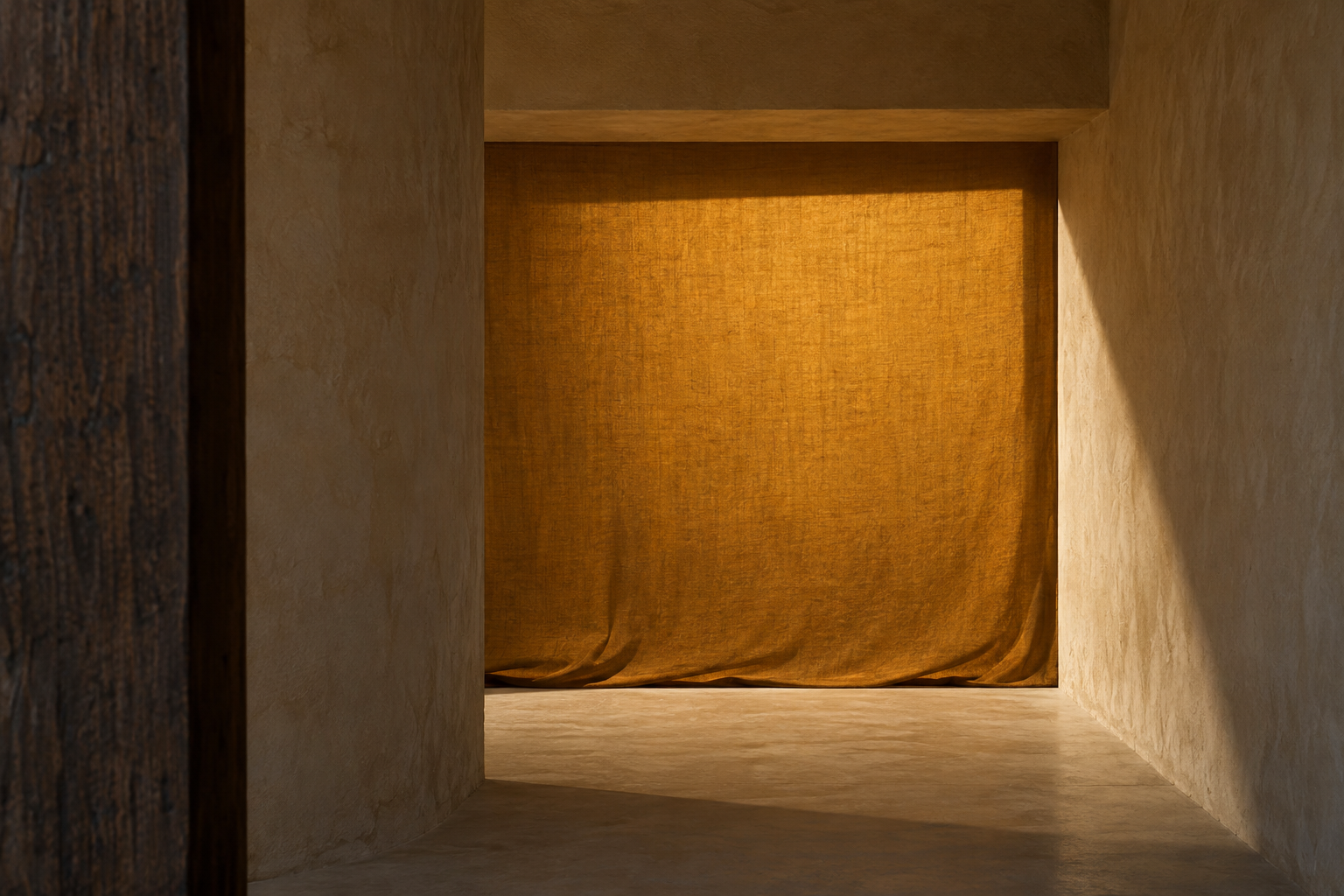 An amber-coloured cloth closes the far end of a passage between earthy walls.