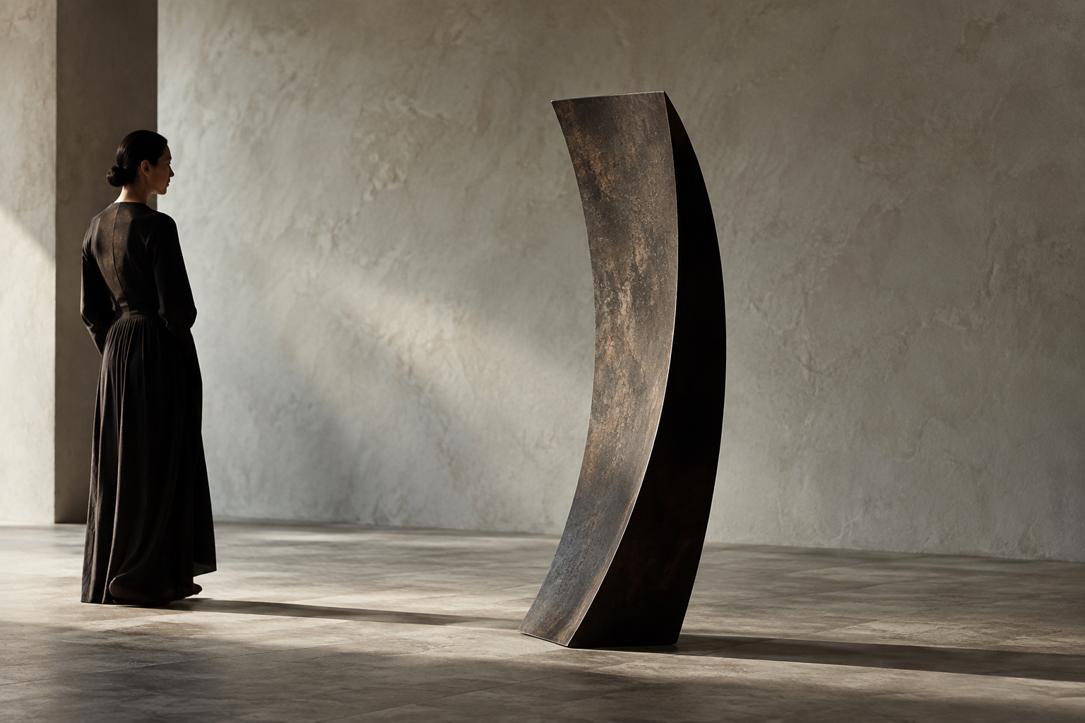 A curved metal sheet stands in a room with a woman in the background.