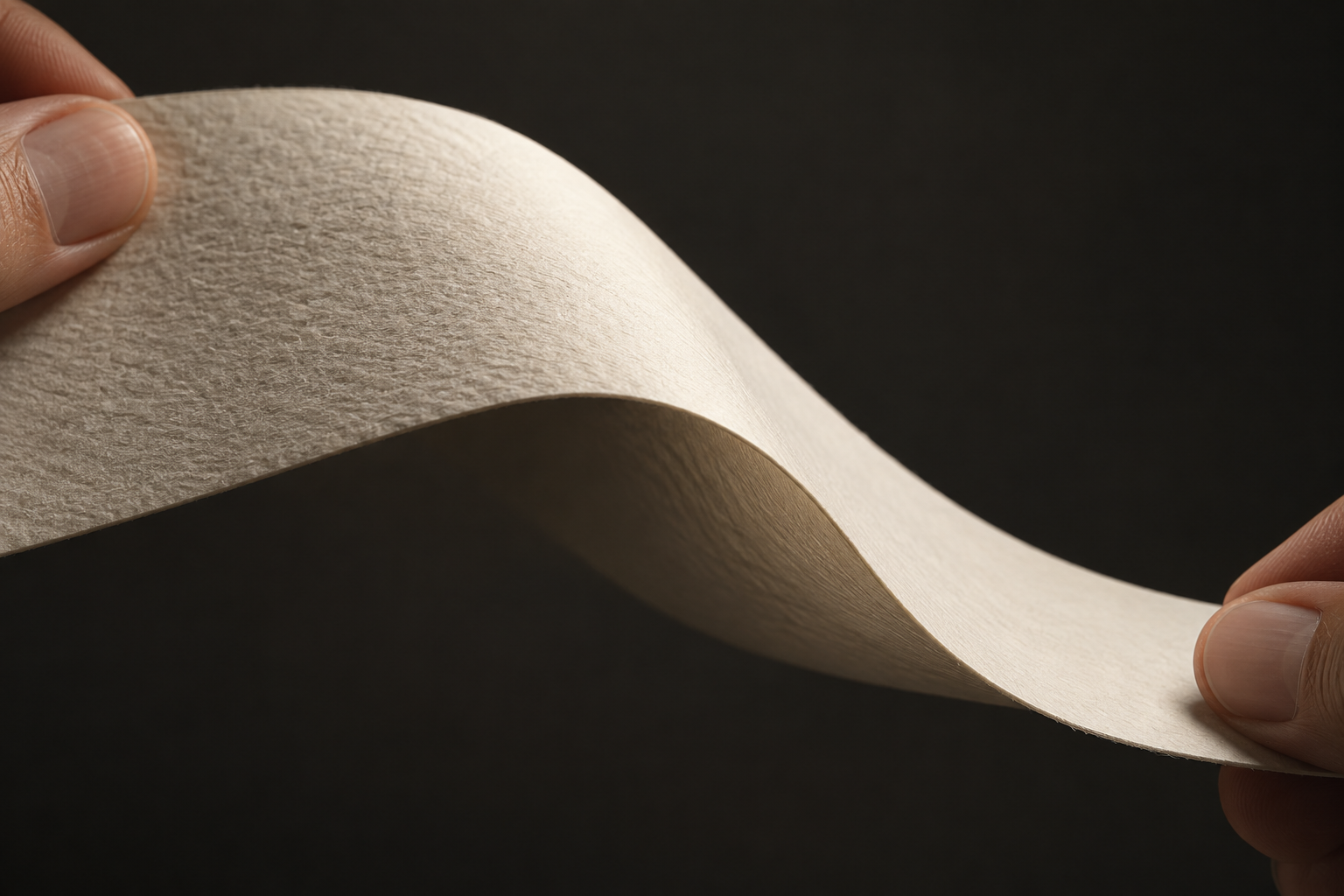 Fingers hold the ends of a strip of paper curved into an S against a dark background.